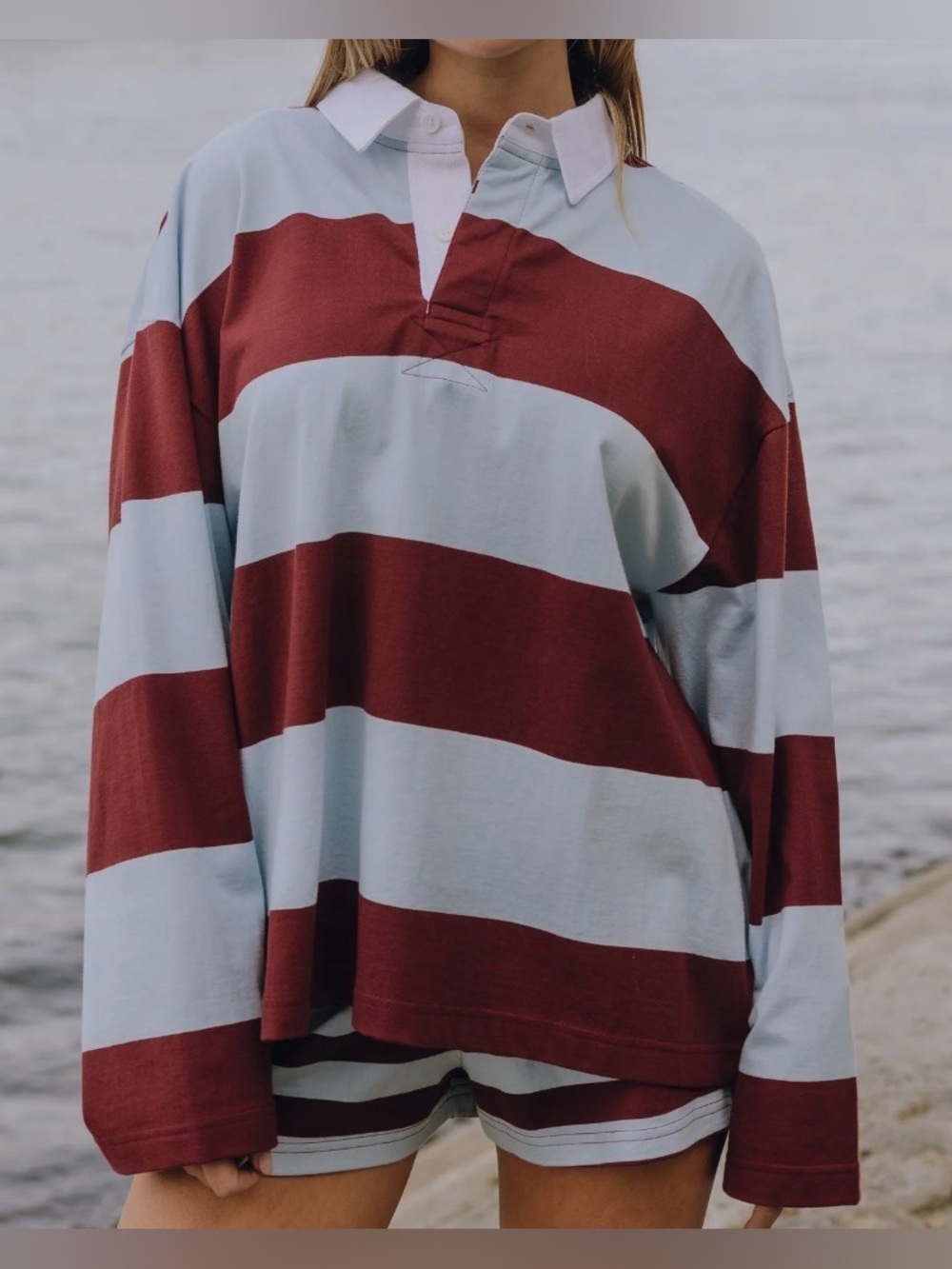 NWT DAILY DRILLS Rugby Tee- Powder + Bodega Stripe/ Size XS/S